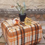 Pair of vintage 70s fabric coffee tables with glass tops