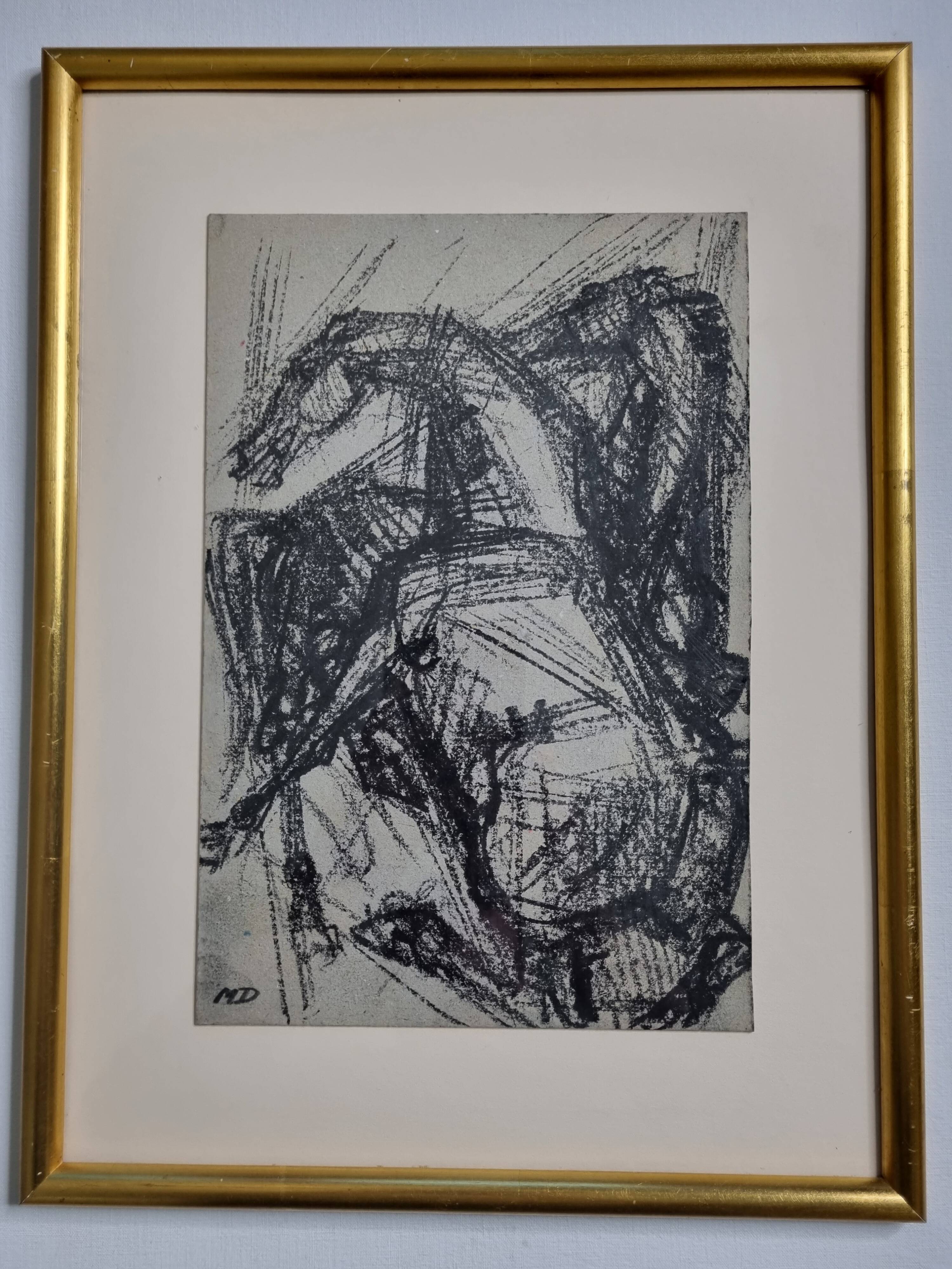 Preparatory study, charcoal sketch by Maurice de Bus – Gilded frame, 32 x 42 cm