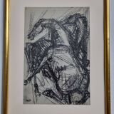 Preparatory study, charcoal sketch by Maurice de Bus – Gilded frame, 32 x 42 cm