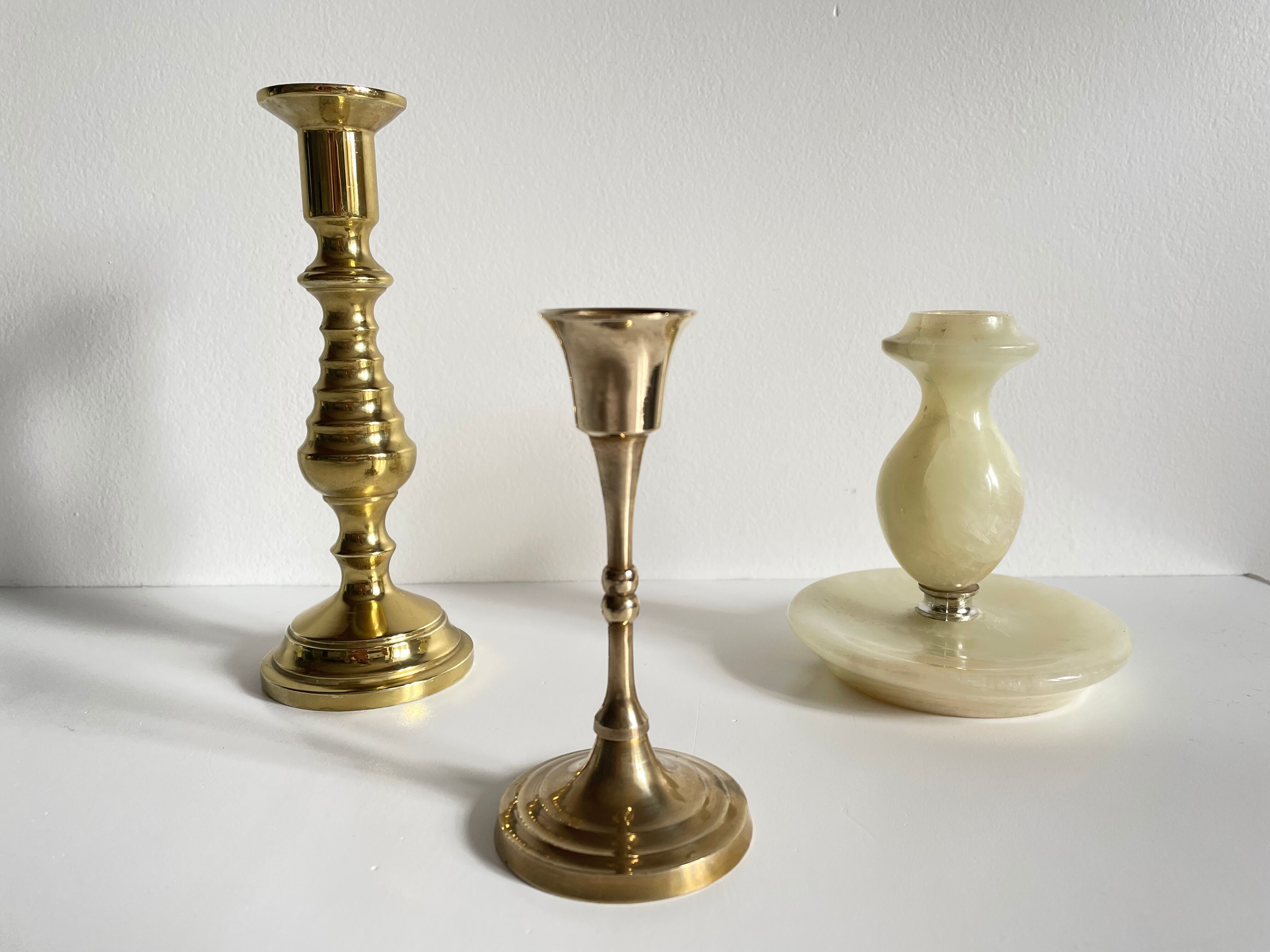 Trio de bougeoirs laiton et onyx vintage