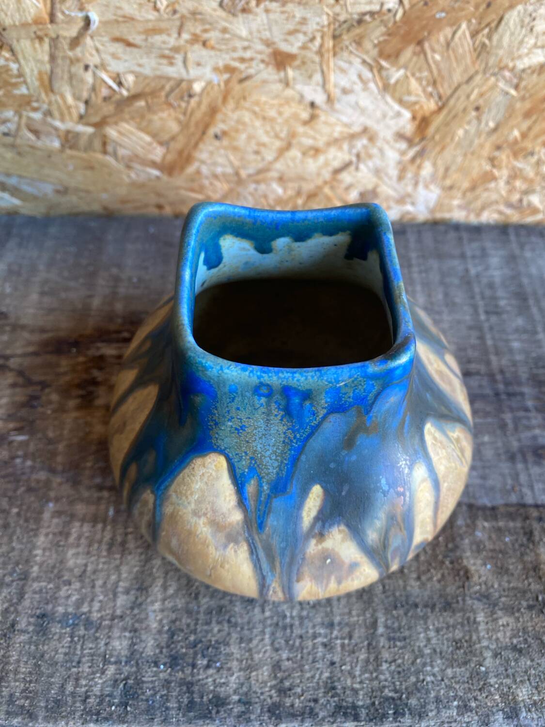 Ancient Vase GILBERT METENIER Beige Stoneware Blue Glazes Vallauris Vintage