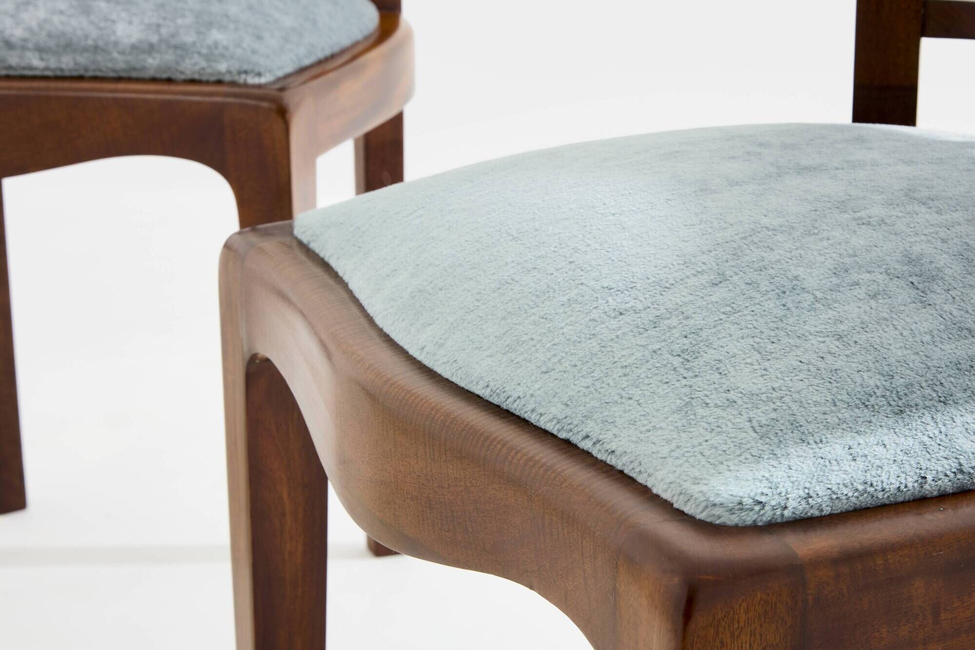 Paul T. Frankl pair of wavy walnut and mohair velvet chairs 1933