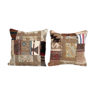 Kilim rug square pillow cover, set of two vintage faded wool kelim cushion, pair tribal farmohuse