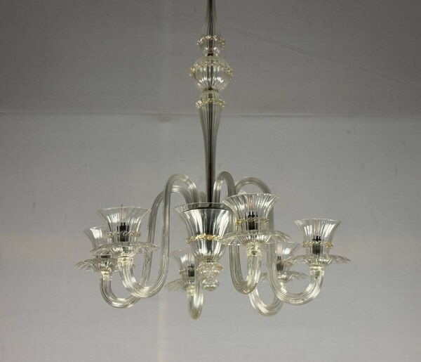 Lustre vénitien en verre de Murano incolore et doré, vers 1940