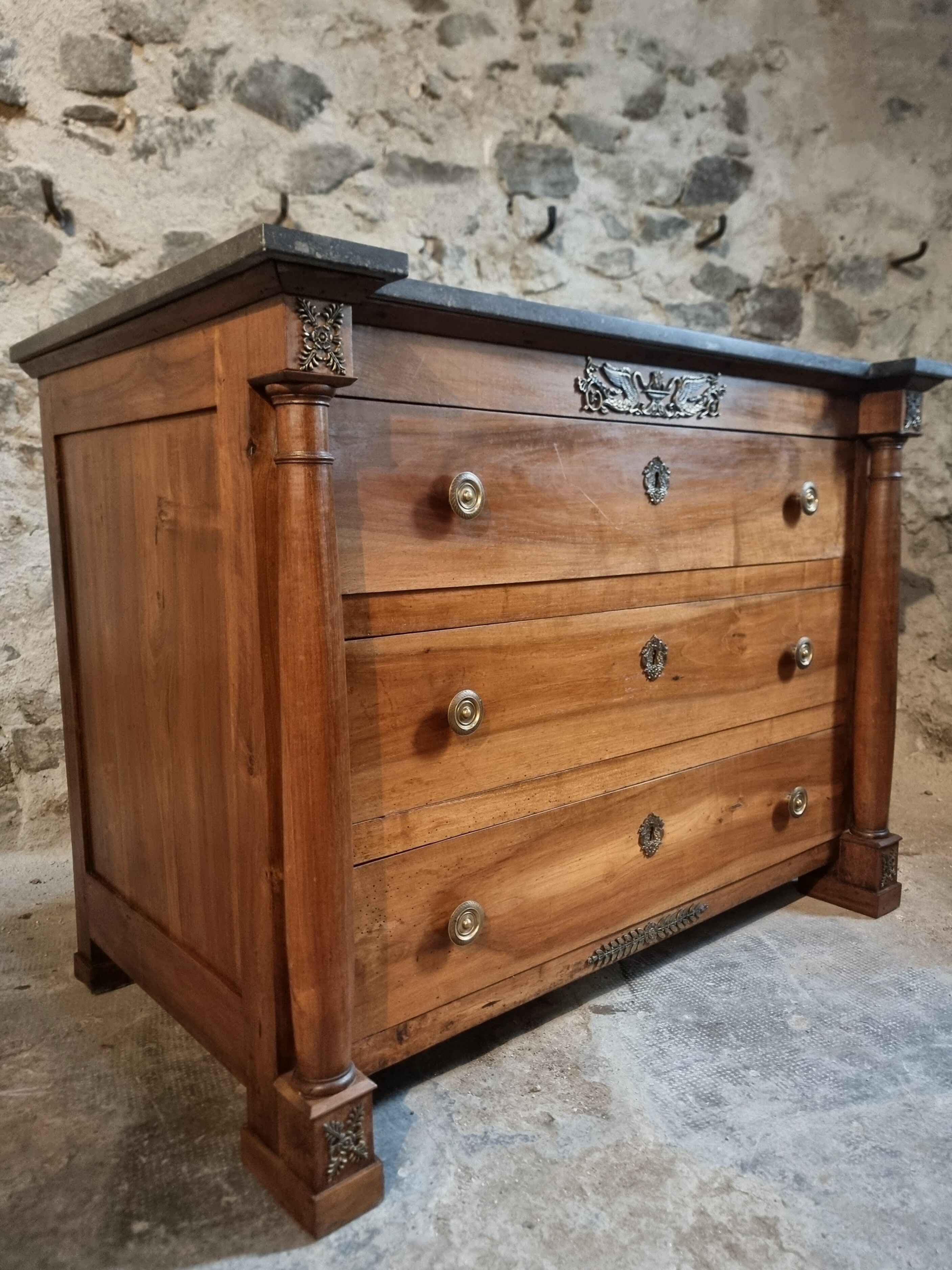 Antique commode, walnut and oak, marble top, 3 drawers, France circa 1820–1850.