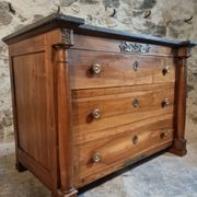 Antique commode, walnut and oak, marble top, 3 drawers, France circa 1820–1850.