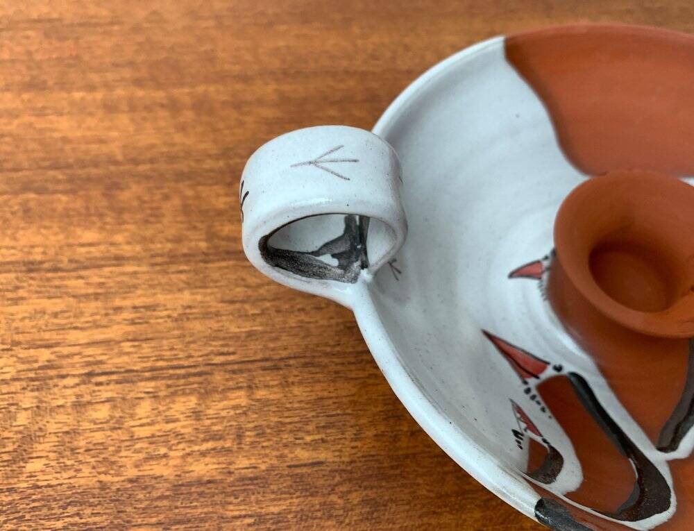 Workshop pottery candlestick from mid-century German with bird motif by Töpferei Bücking Börnsen, 1960s.