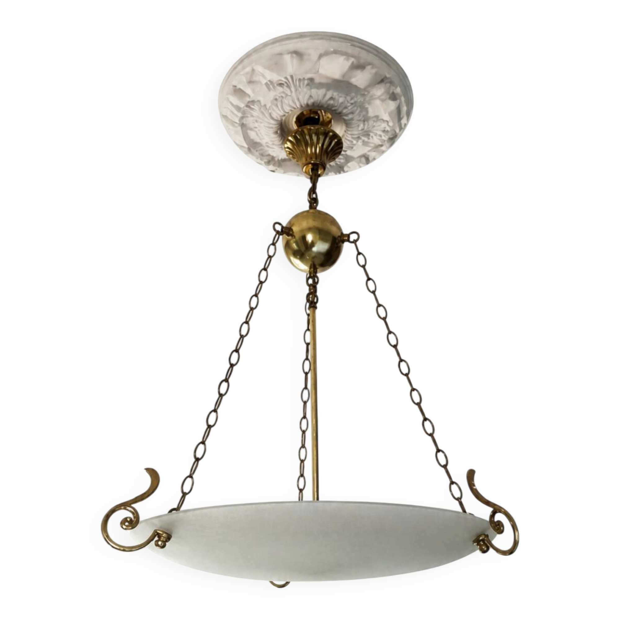 Suspension in brass and satin opal glass, 3 lights, classic style