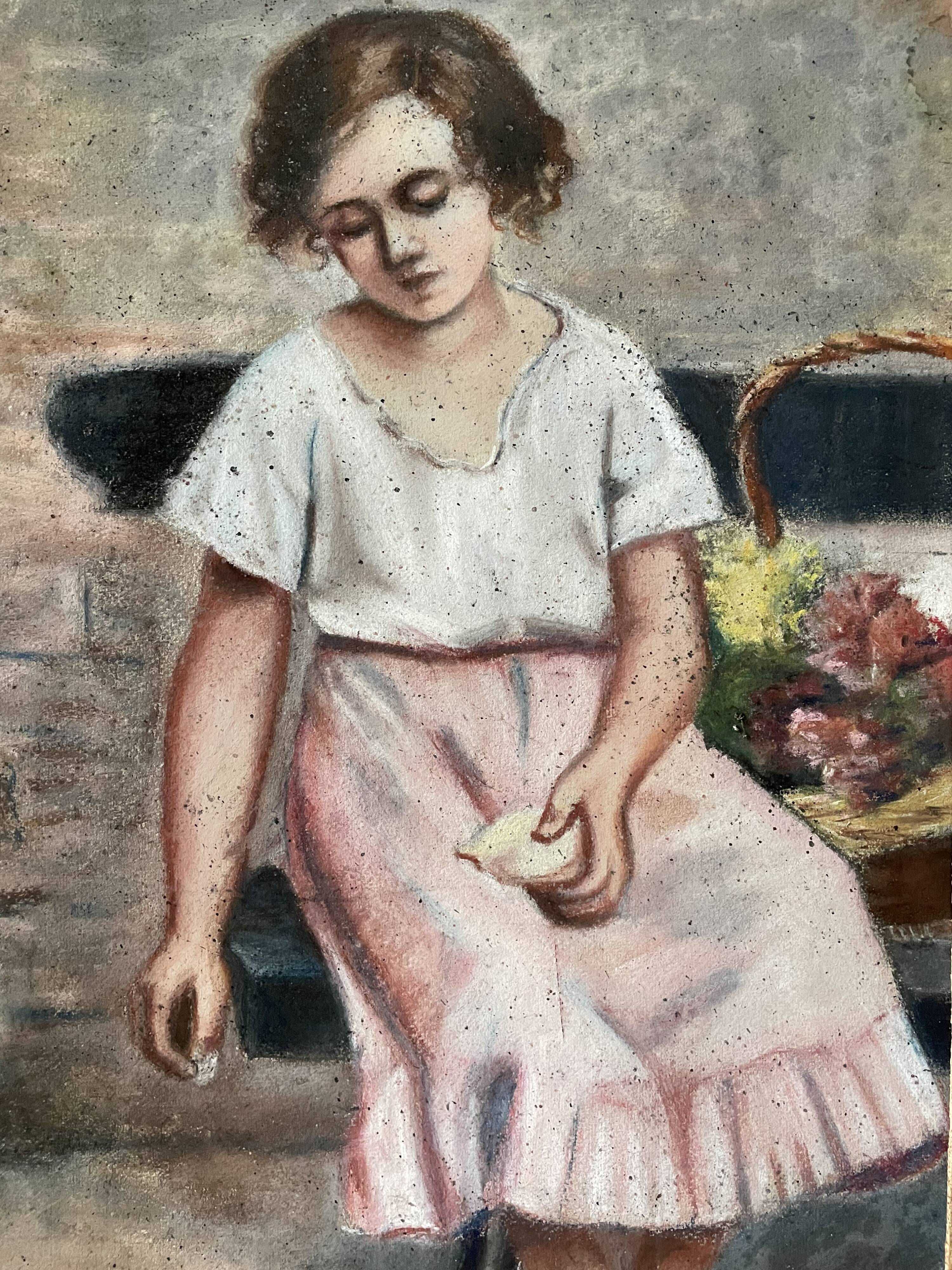 Old signed painting, drawing in bold pencil on cardboard