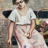 Tableau ancien signé, dessin au crayon gras sur carton
