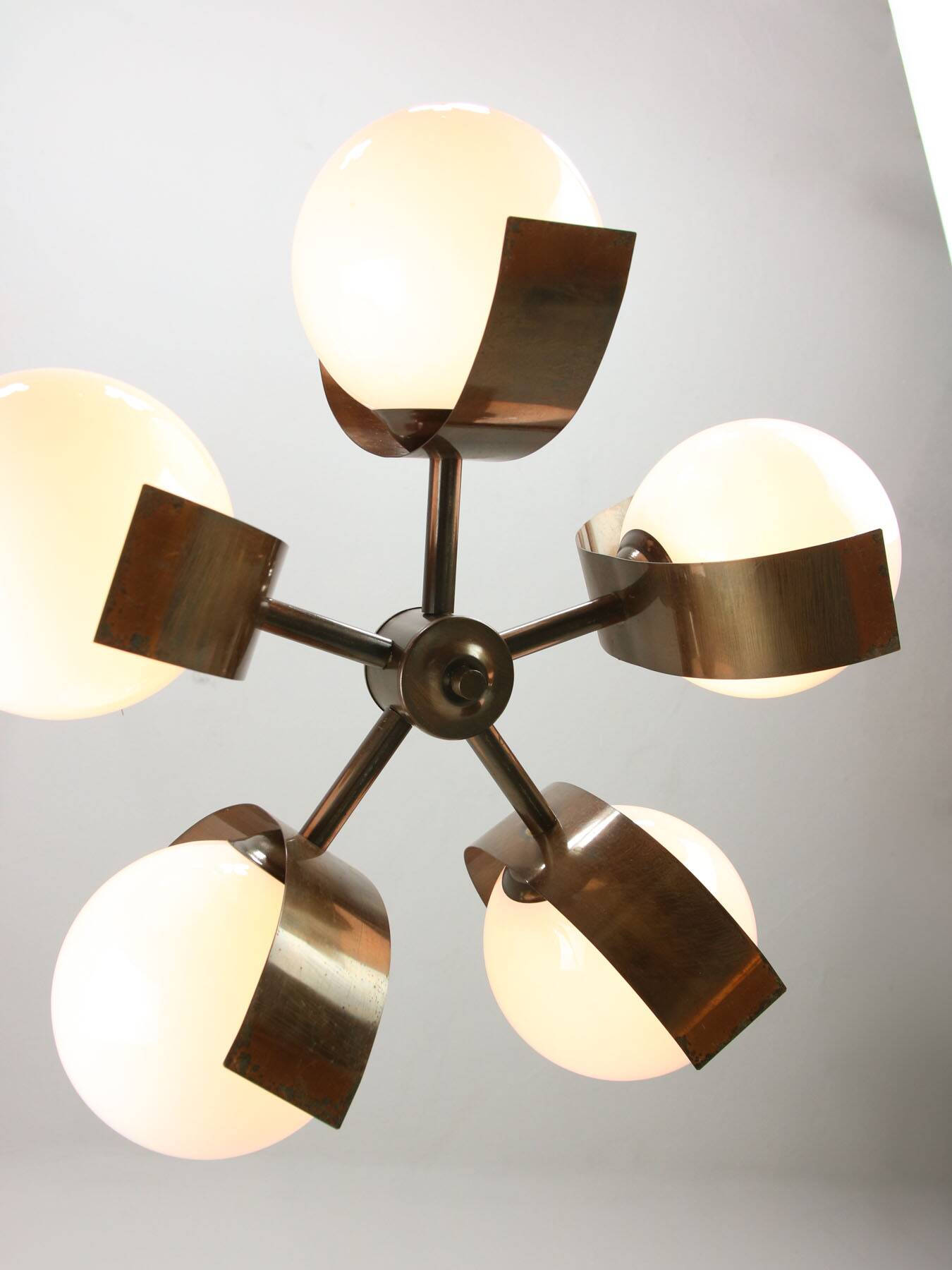 Vintage Italian Copper & Opaline Chandelier, 70s