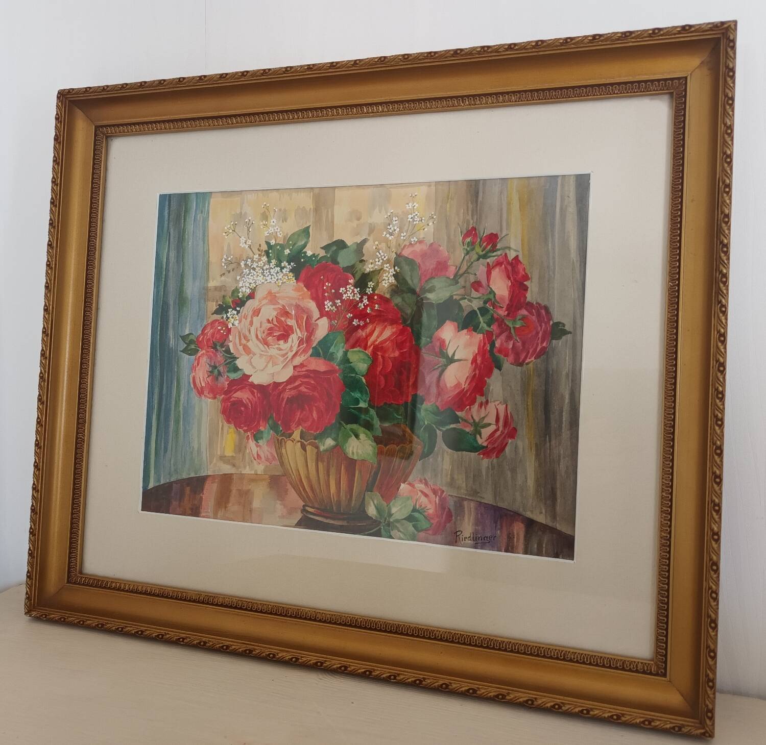 Aquarelle bouquet de roses encadrée XXème