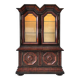 Antique display cabinet in wood, bevelled glass and velvet.