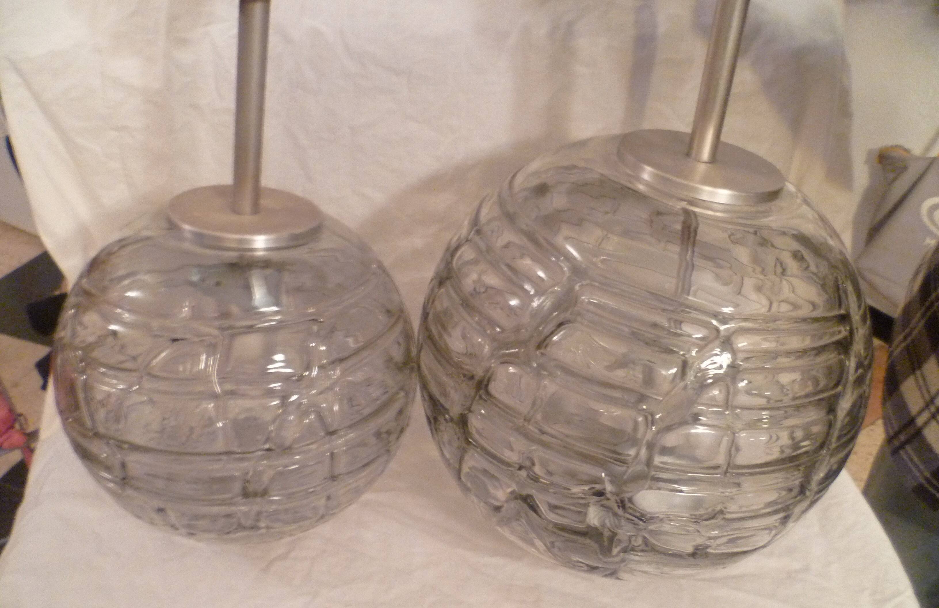 Set of 2 smoked glass ball suspensions by Doria Leuchten, Germany, 1970s.