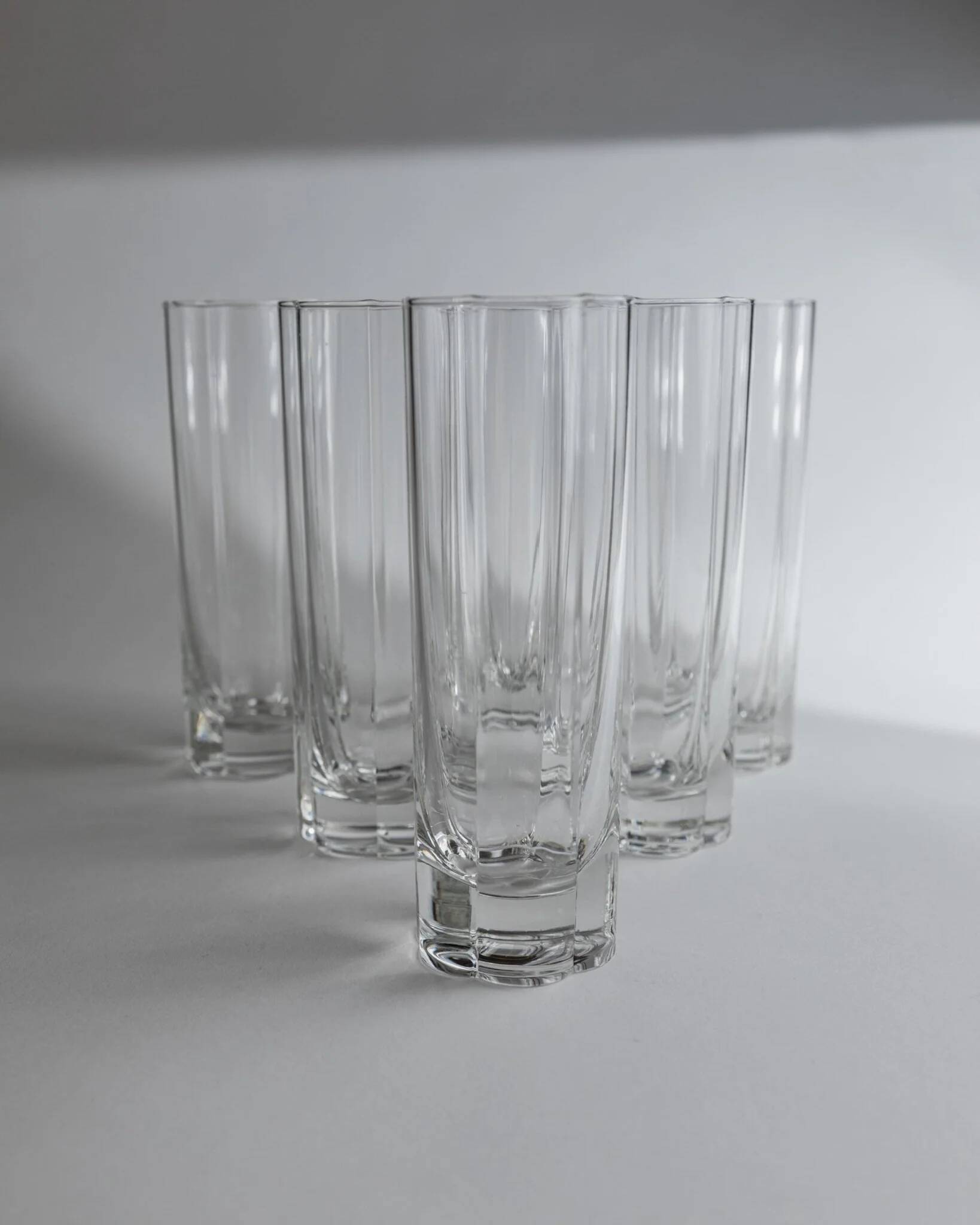 Transparent crystal flower-shaped drinking glasses, vintage 1980s Italy, set of 6 for water and long drinks