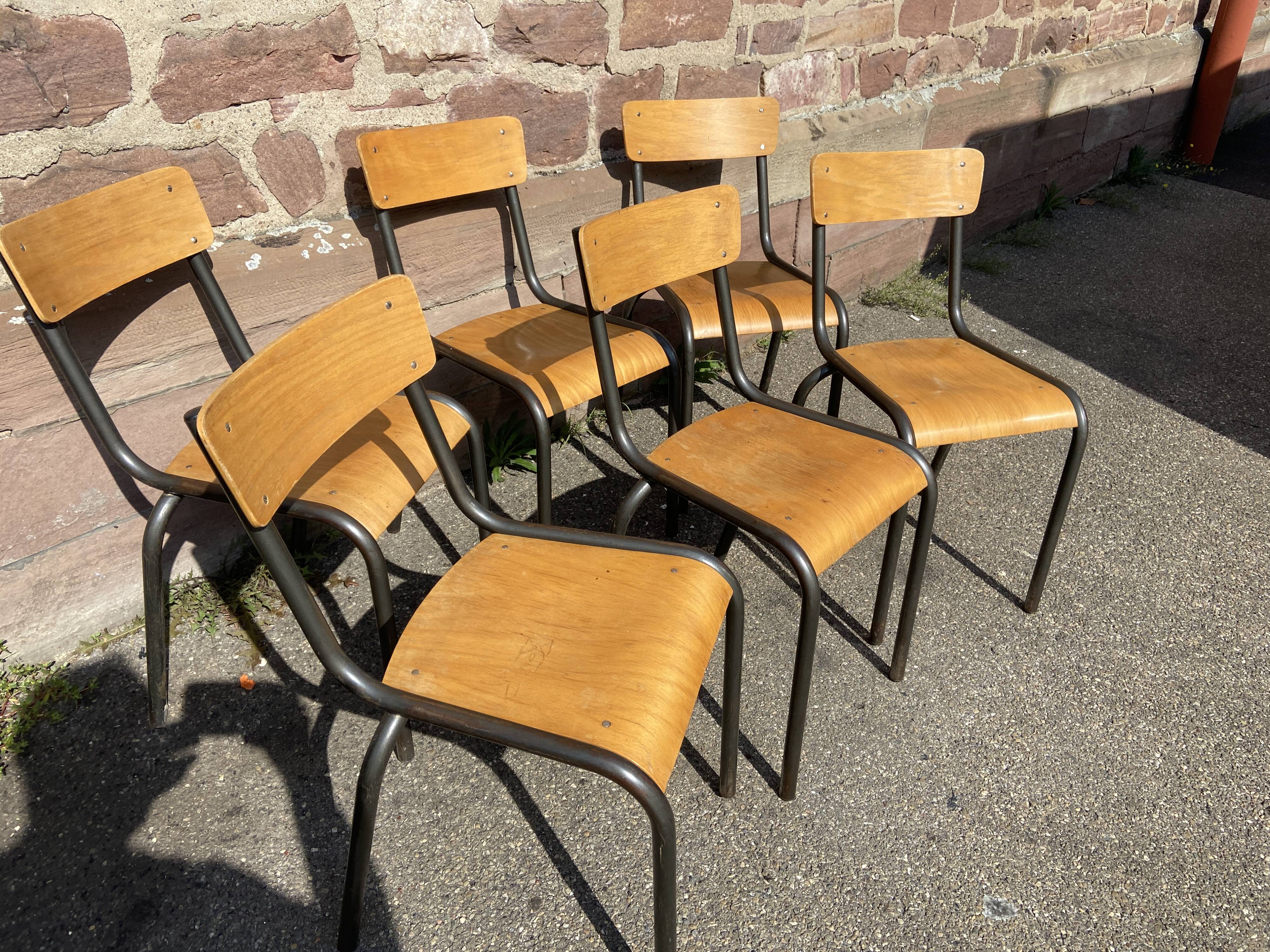 Lot de 6 chaises industrielles école vintage collectivités mullca delagrave tube & bois