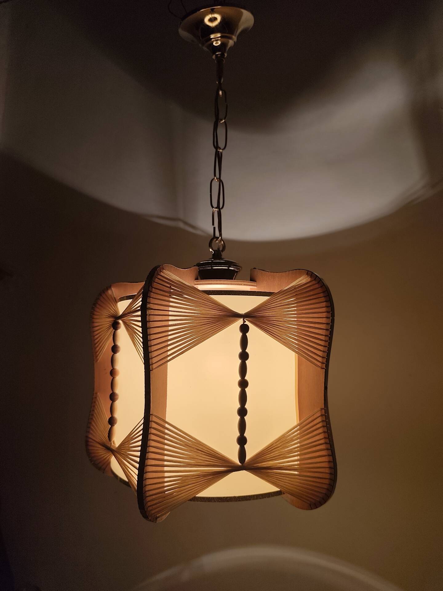 Raffia and wood ceiling lamp. Spain, 1970s.