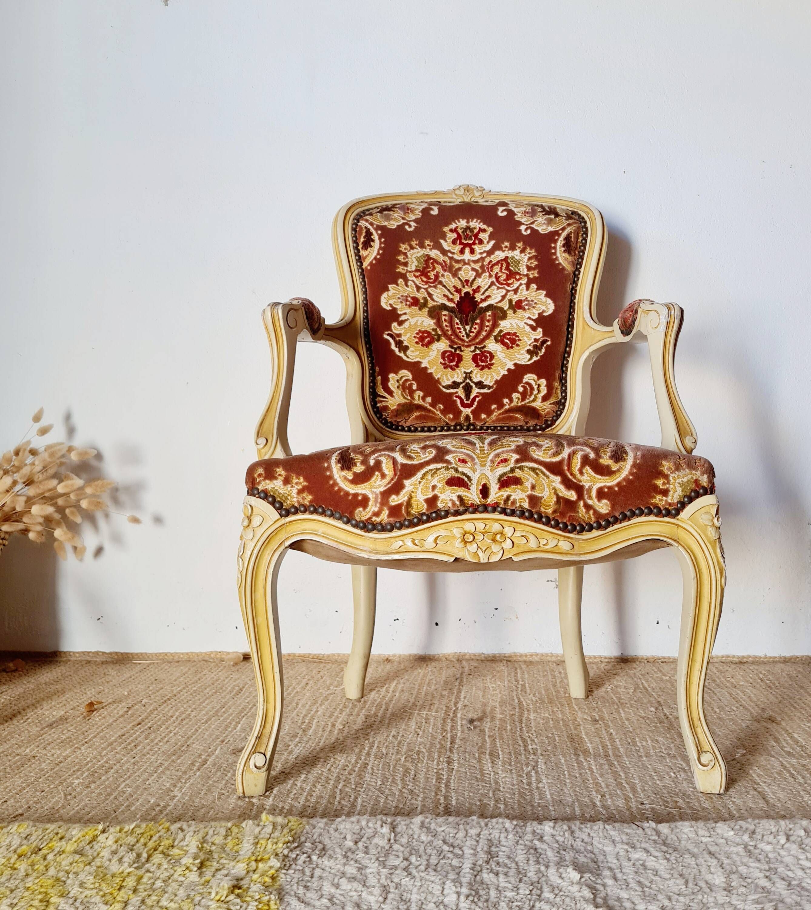 Louis XV style cabriolet armchair - floral velvet seat