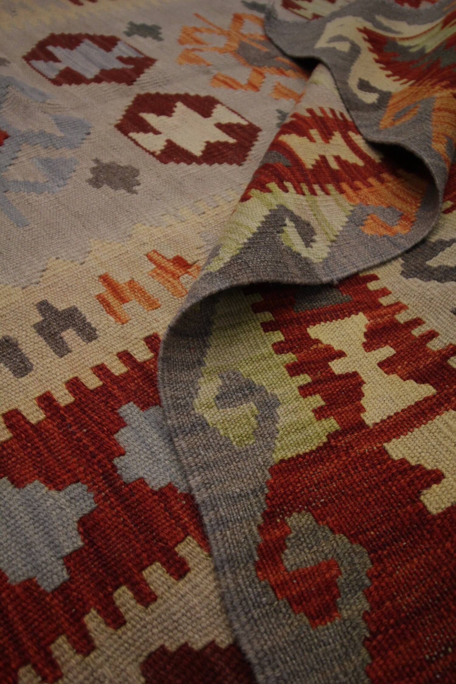 Tapis Kilim en laine fait main rouge et beige, tissage plat oriental tribal 204 x 148 cm