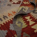 Tapis Kilim en laine fait main rouge et beige, tissage plat oriental tribal 204 x 148 cm
