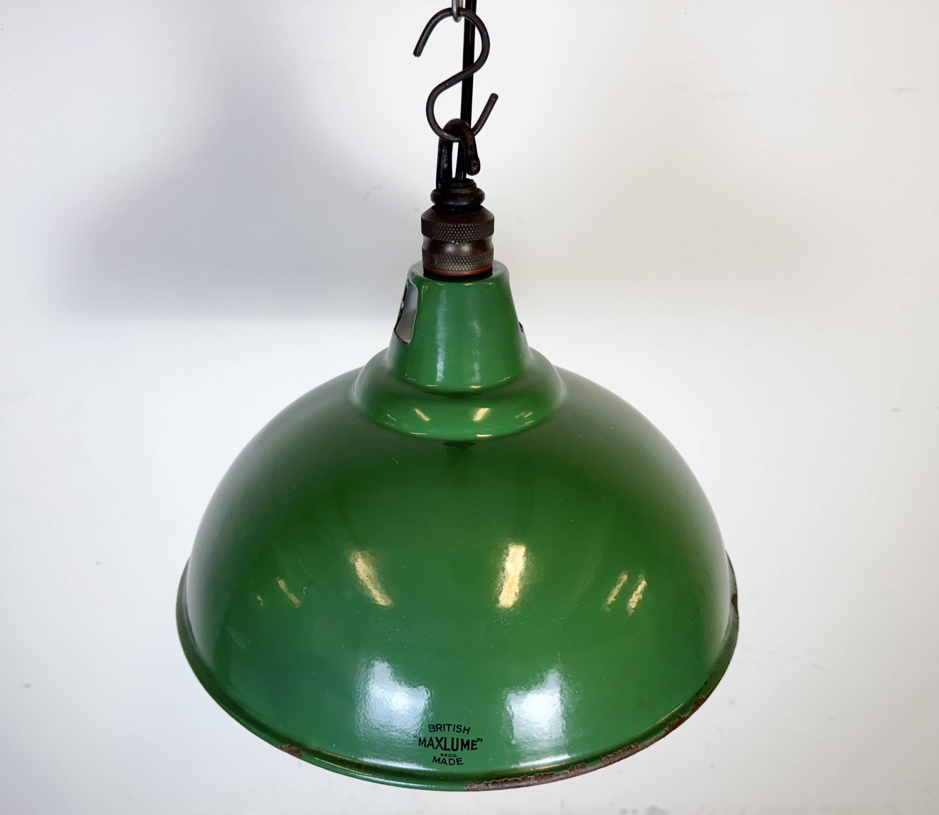 Industrial British Green Enamel Factory Pendant Lamp from Maxlume, 1960s