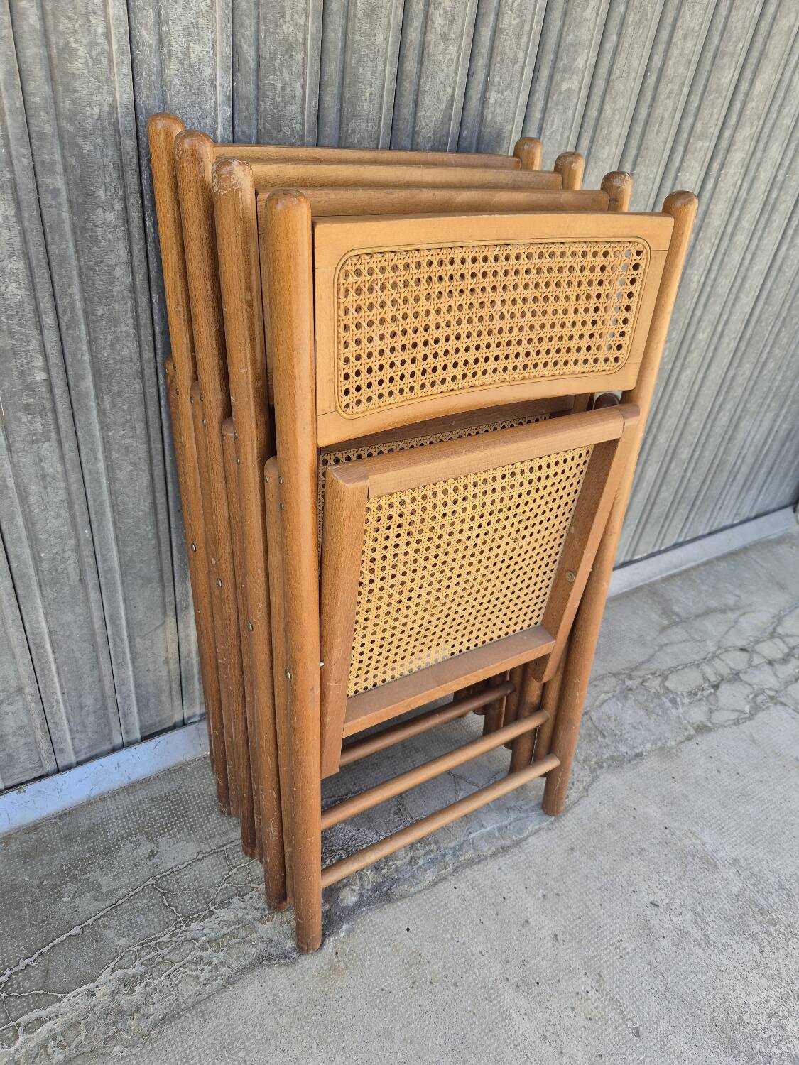 Set of 4 vintage Italian folding chairs in cane 1970s
