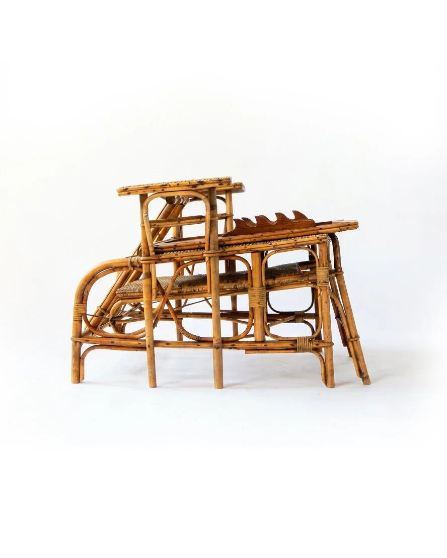 Vintage reclining armchair in rattan and bamboo, French Riviera, year