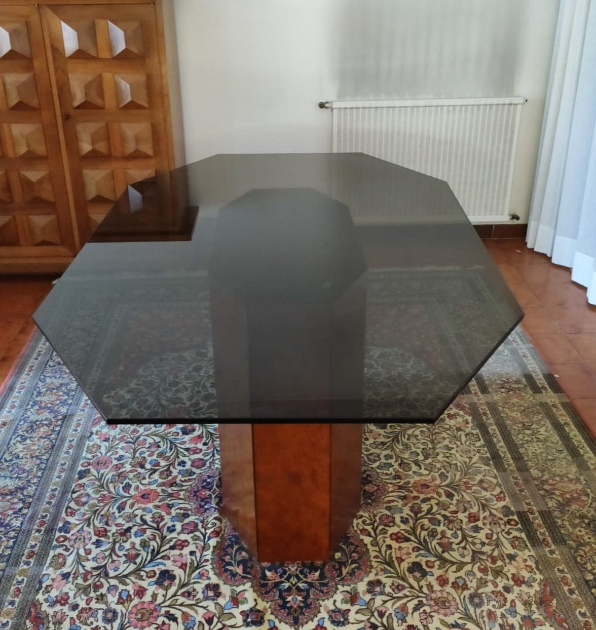 Table smoked glass and walnut bramble 80s