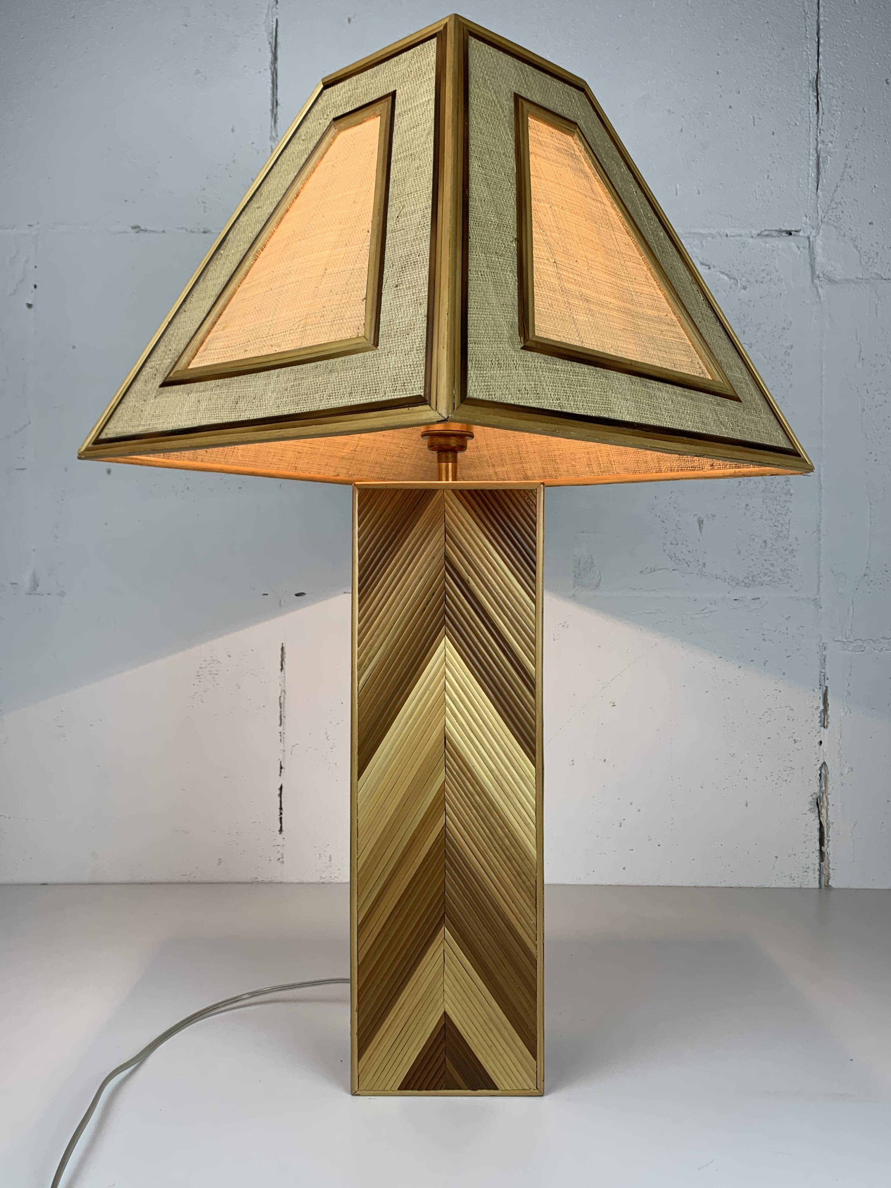 Midcentury pencil reed rattan bamboo and brass table lamp, 1970s