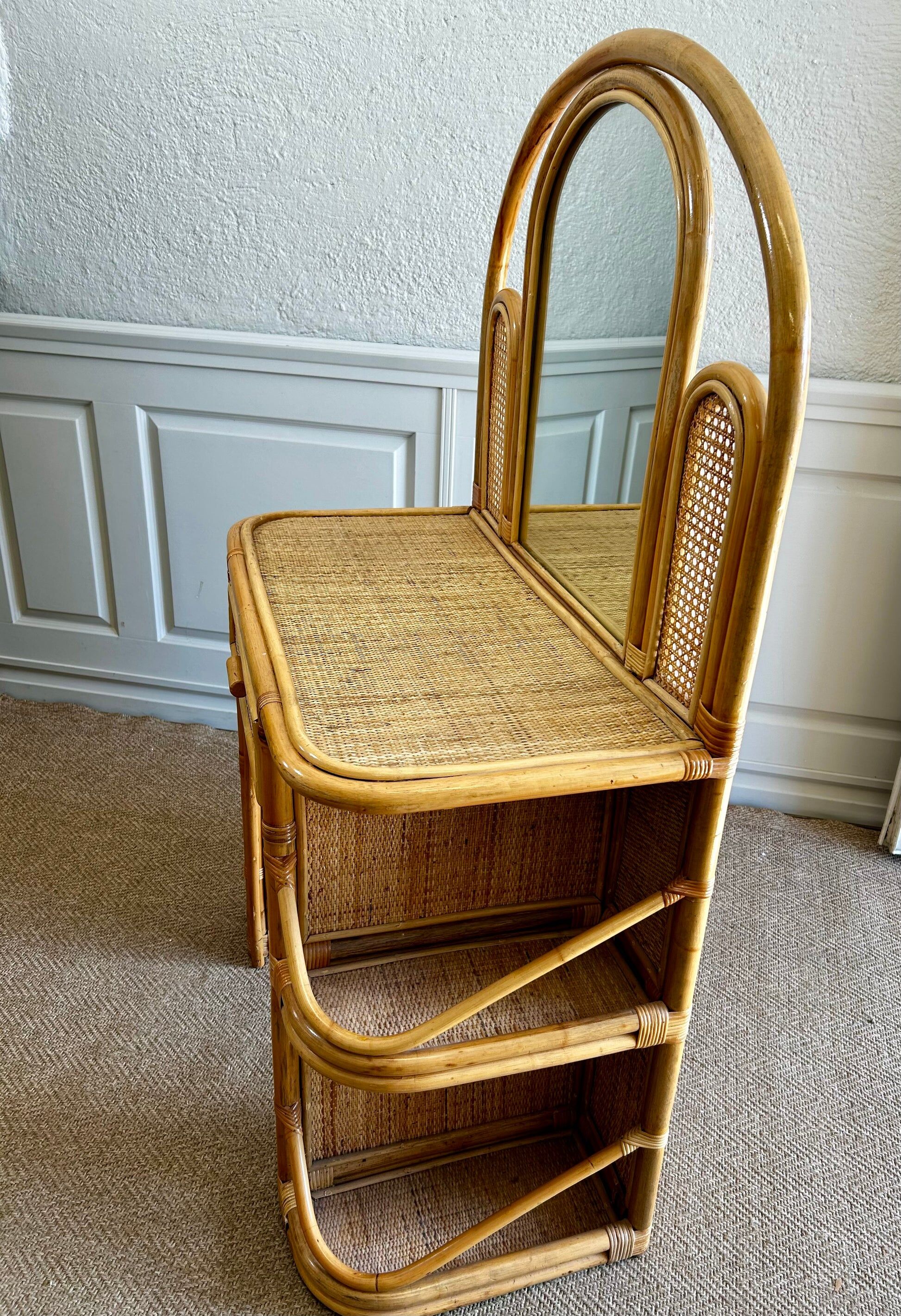 Bamboo and rattan vanity / dressing table with drawer and mirror, 1970s mid-century modern