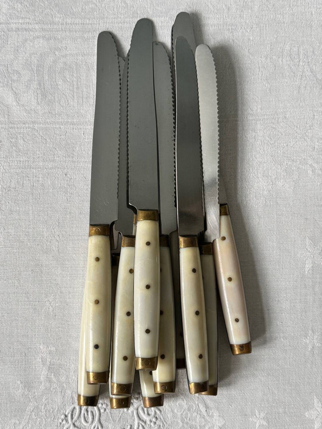 Series of 11 vintage serrated table knives