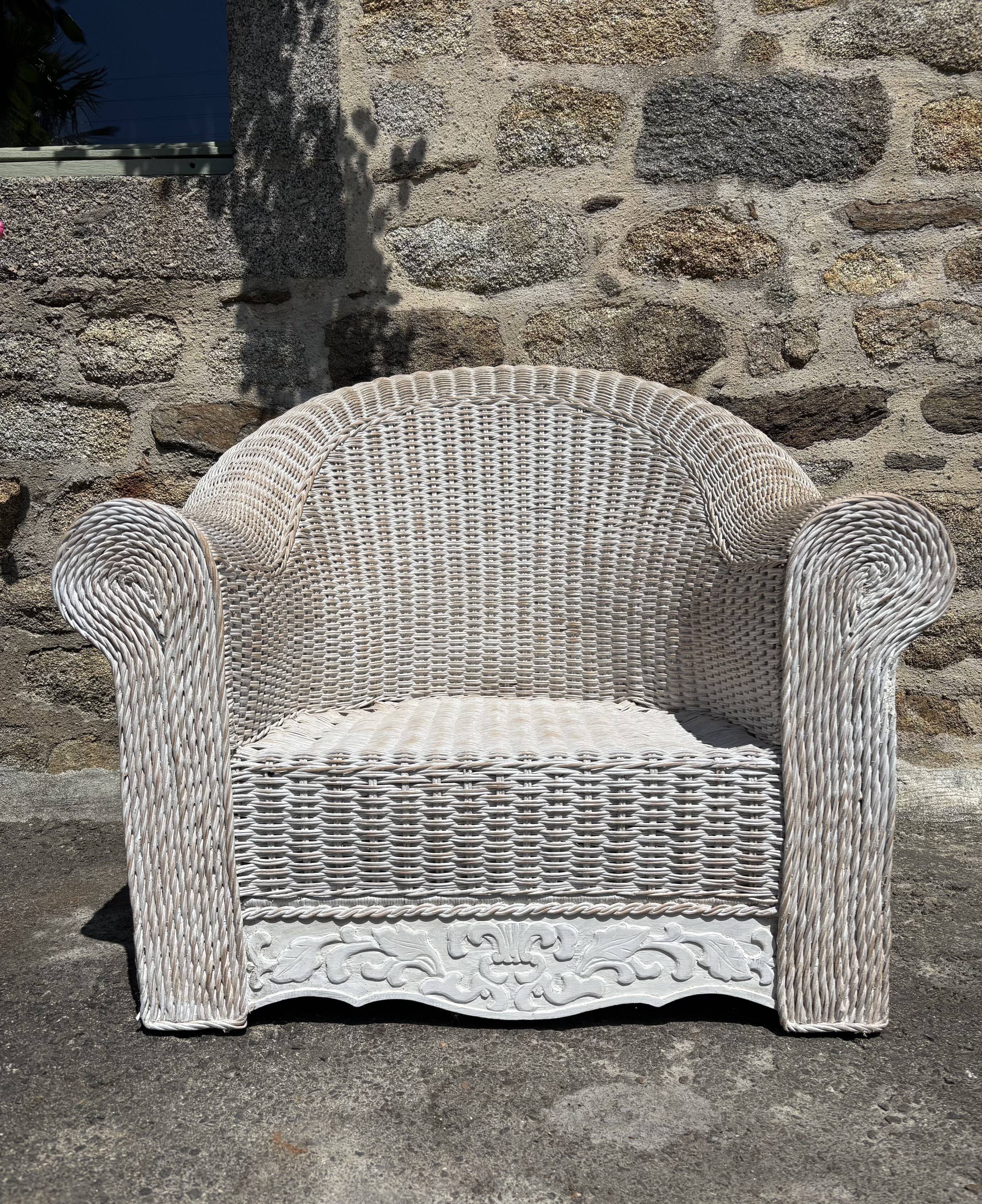 Large painted wicker armchair, 20th century, winter garden