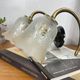 Pair of brass swan neck wall sconces, glass tulips with screen printing.