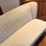 Mid-Century 1950s style two-seater canapé with cream fabric and solid beech.