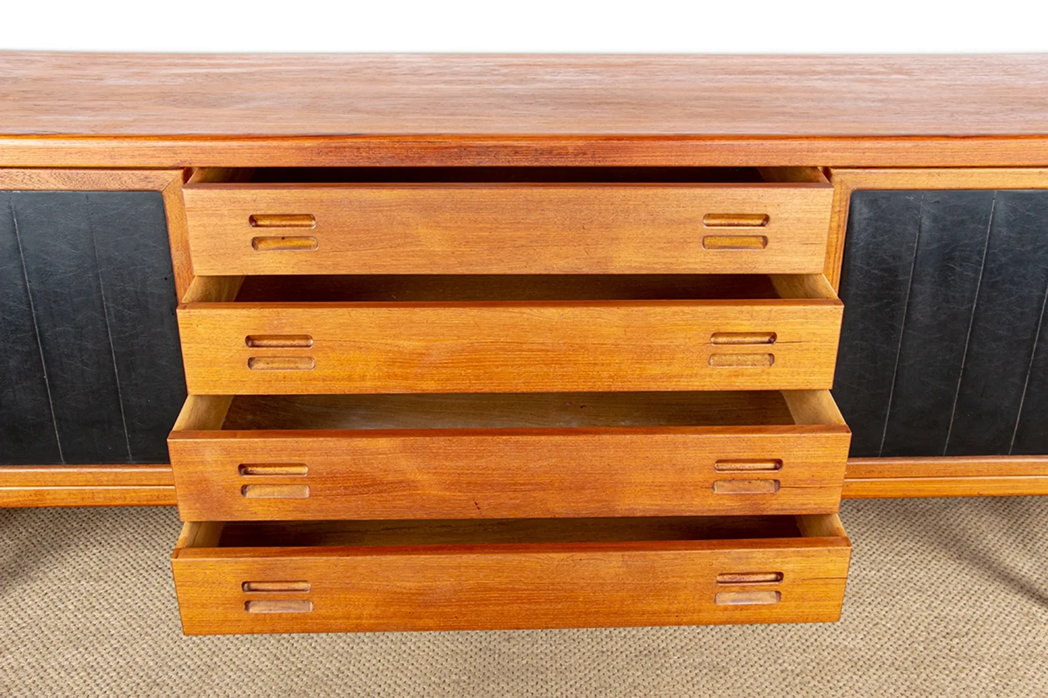 XL Danish sideboard in teak, oak and leatherette, 280 cm, by Nana Ditzel 1960.
