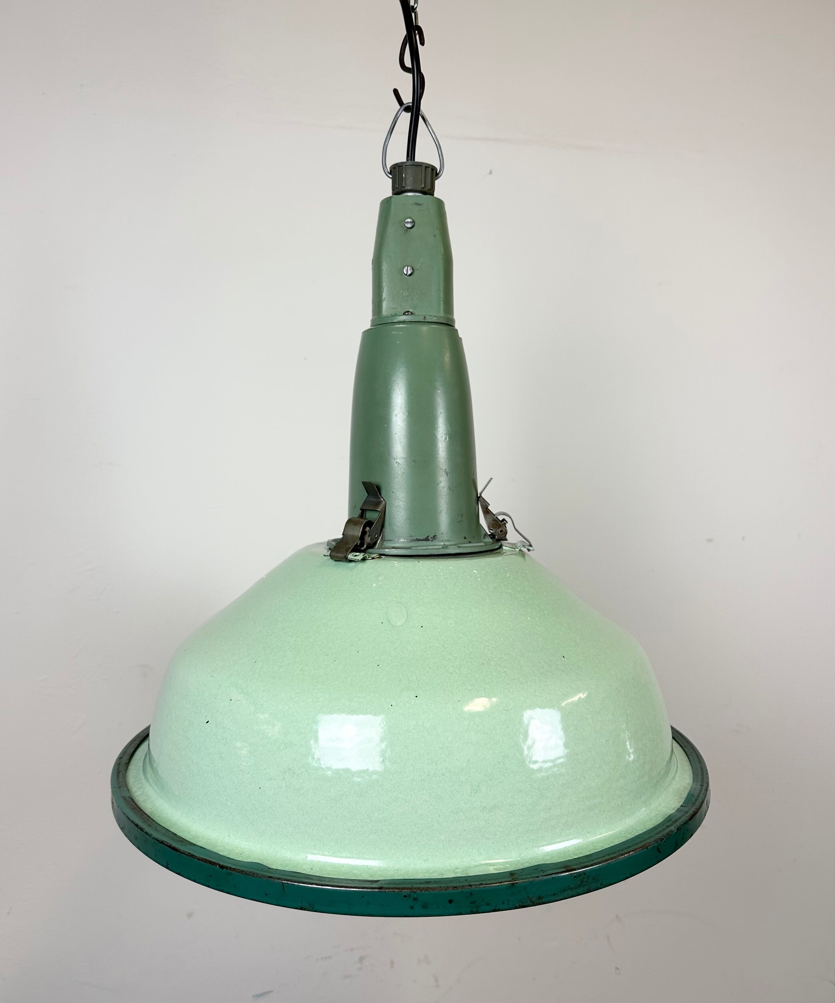 Industrial soviet green enamel pendant light with glass cover, 1960s