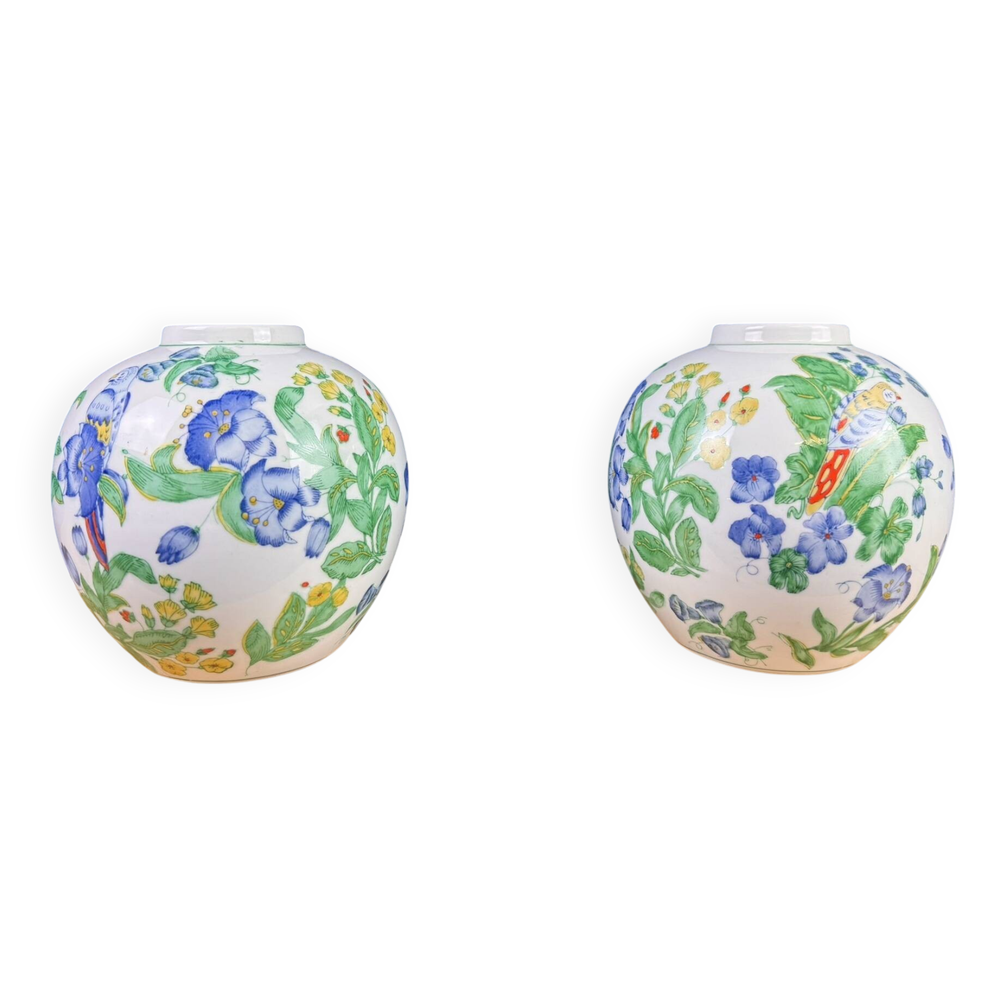 China circa 1900: pair of porcelain ball vases with birds and flowers