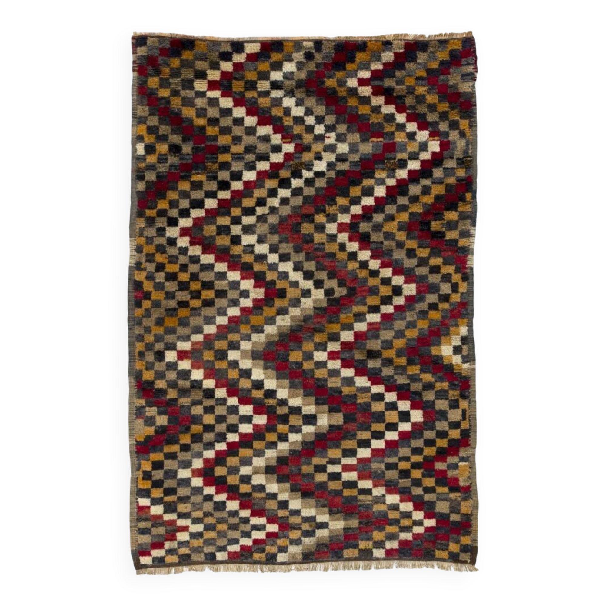Vintage Hand-Knotted Turkish Tulu Rug with Checkered Zigzag Design in Red, Yellow, Gray and Brown, 100% Wool