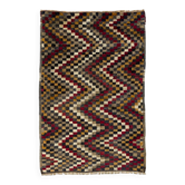 Vintage Hand-Knotted Turkish Tulu Rug with Checkered Zigzag Design in Red, Yellow, Gray and Brown, 100% Wool