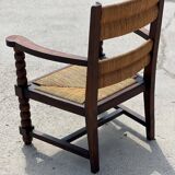 Pair of stained oak and straw armchairs, French work, 1950