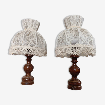 Pair of bedside lamps with dark wood base, ecru lace dome lampshade, retro chic