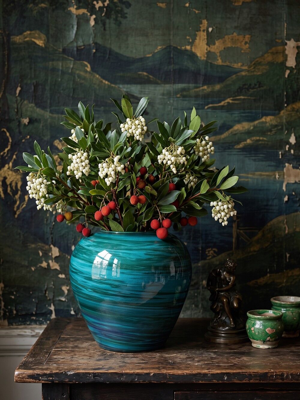 Large ceramic vase with mixed clays, malachite green glaze, 1950s-70s.
