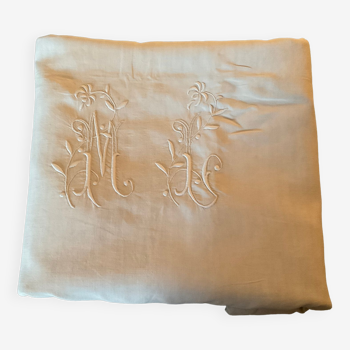 Old embroidered sheet, monogrammed linen ml