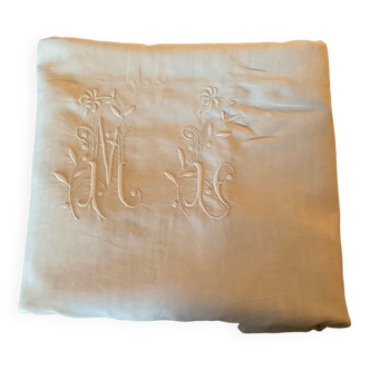 Old embroidered sheet, monogrammed linen ml