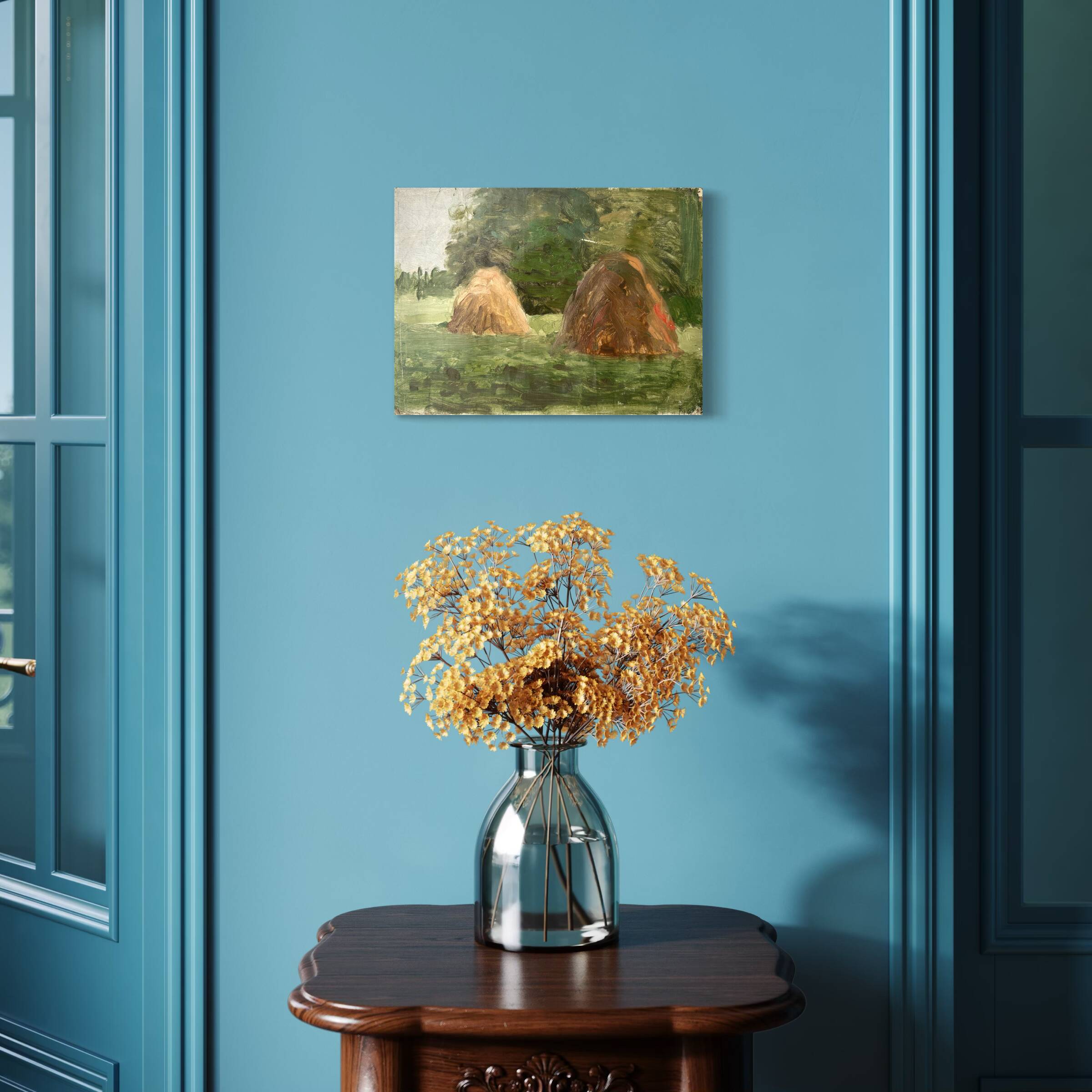 Old oil painting on canvas "The Haystacks" dated 1902.