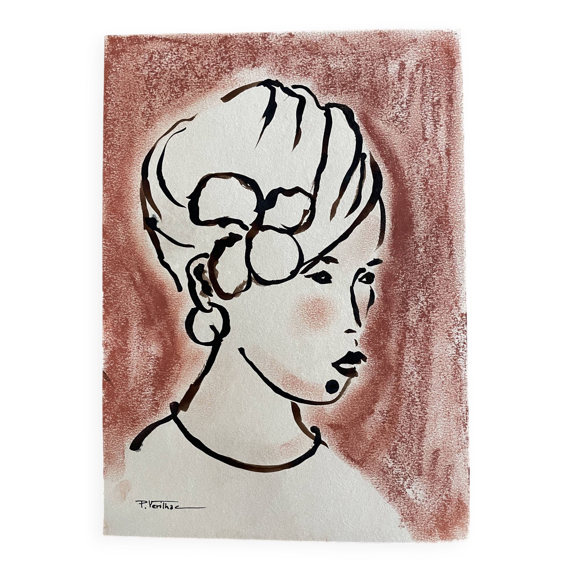 Signed painting in Indian ink and pastel, female portrait “study with a curl”