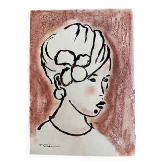 Signed painting in Indian ink and pastel, female portrait “study with a curl”