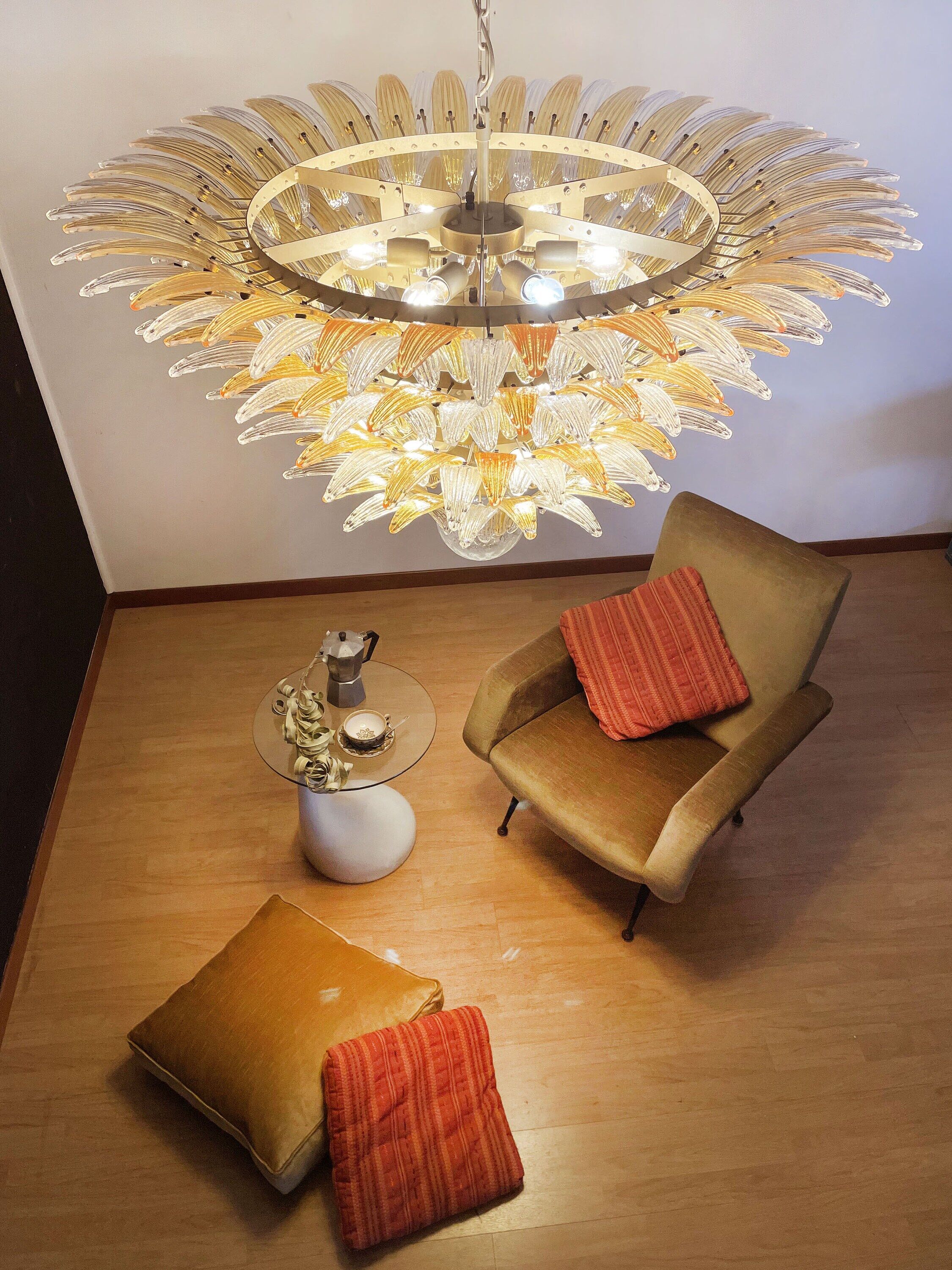 Plafonnier vintage italien de Murano - quatre niveaux, 163 verres ambrés et transparents