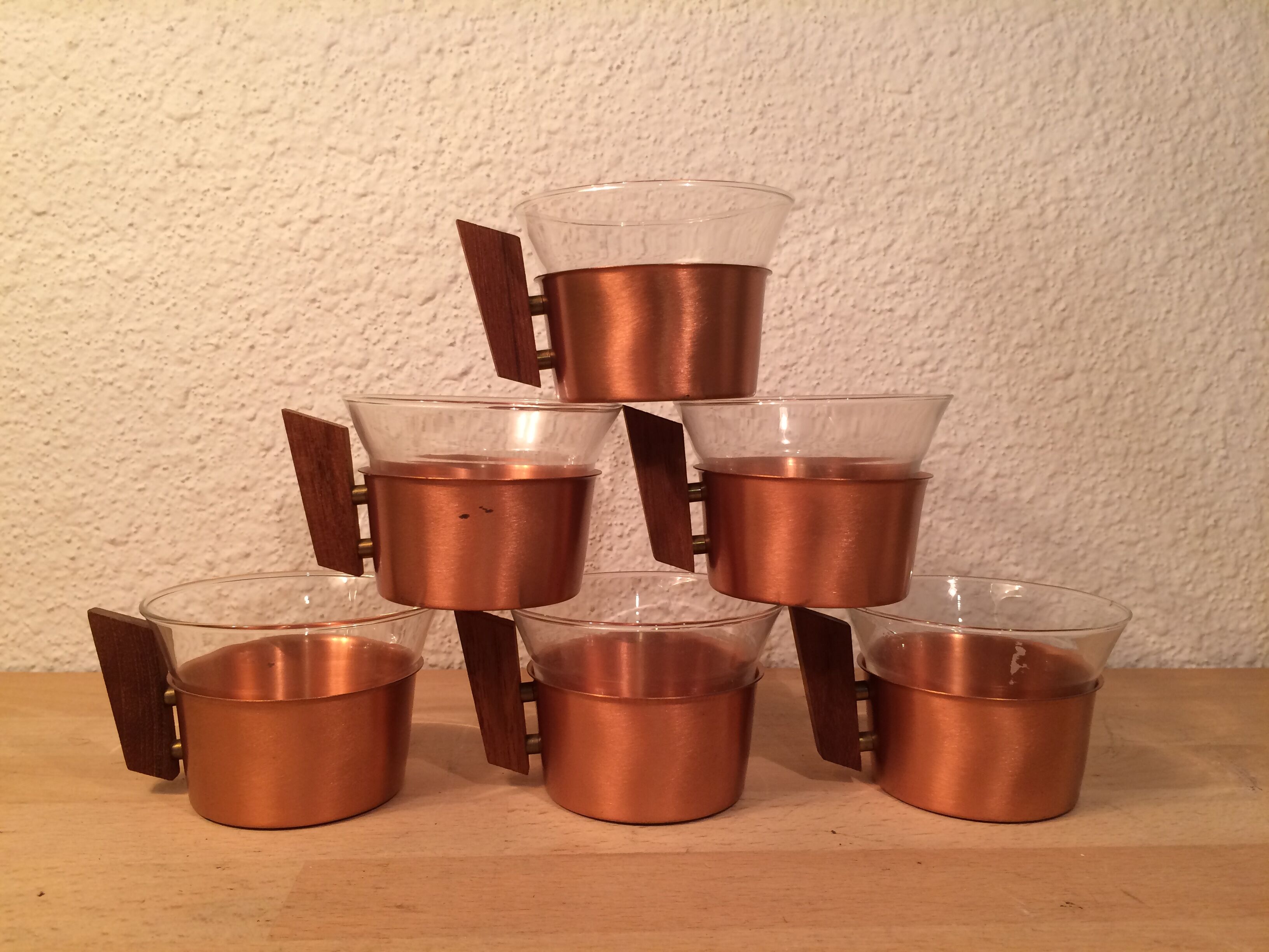 6 Scandinavian cups copper and teak Schott & Gen glass 70's