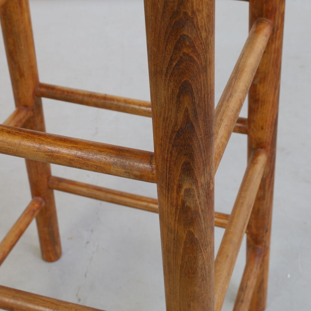 Brutalist barstools in wood and rush, 1970s, set of 4